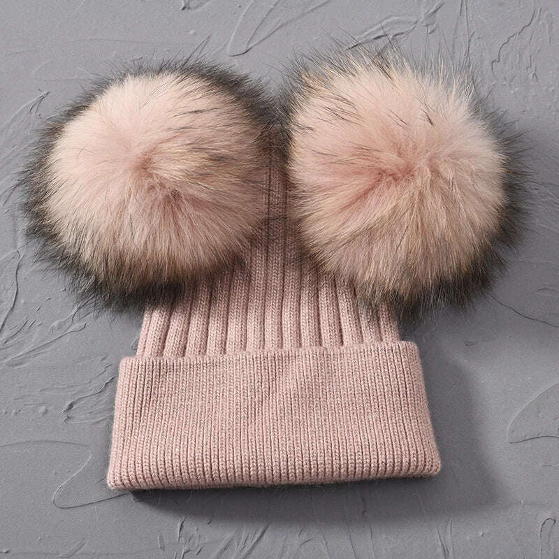 KIMLUD, Double Real Raccoon Fur Pompom Hat Women Winter Caps Knitted Wool Hats Skullies Beanies Girls Female Two Fur Pom Pom Beanie Hat, Blush match fur, KIMLUD APPAREL - Womens Clothes