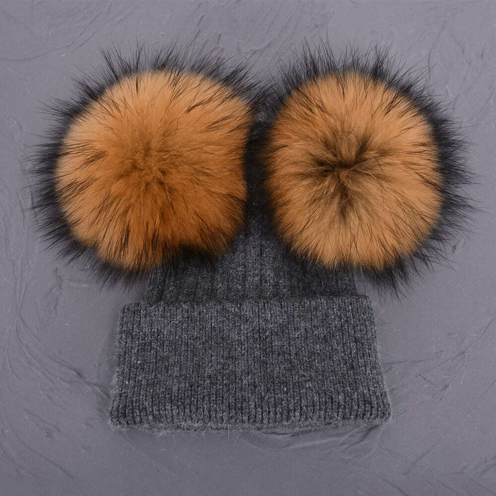 KIMLUD, Double Real Raccoon Fur Pompom Hat Women Winter Caps Knitted Wool Hats Skullies Beanies Girls Female Two Fur Pom Pom Beanie Hat, Dark grey natural, KIMLUD APPAREL - Womens Clothes