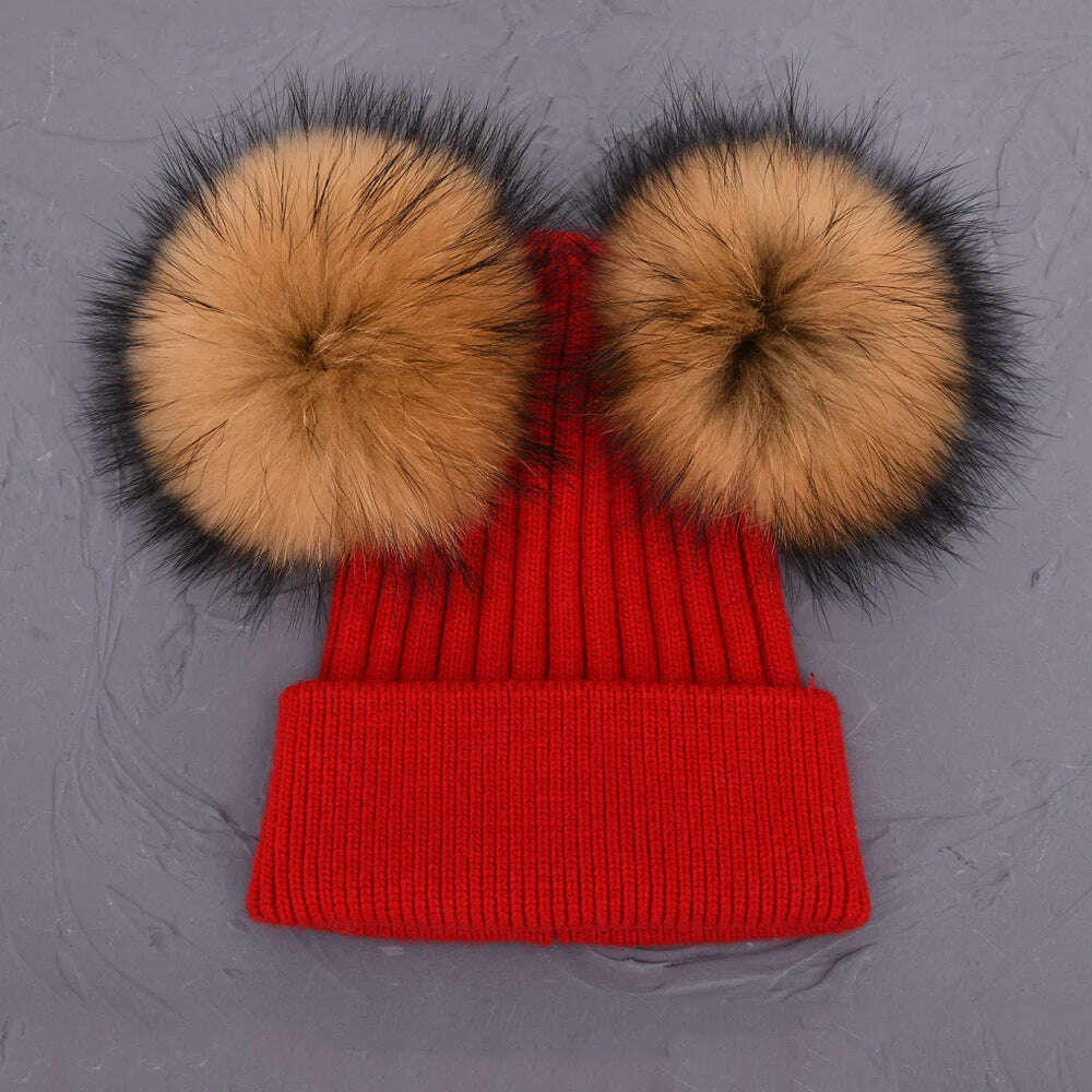 KIMLUD, Double Real Raccoon Fur Pompom Hat Women Winter Caps Knitted Wool Hats Skullies Beanies Girls Female Two Fur Pom Pom Beanie Hat, Red natural fur, KIMLUD APPAREL - Womens Clothes