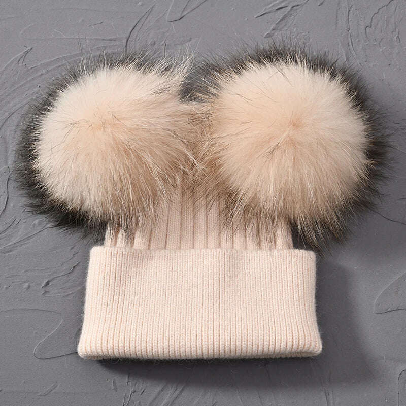 KIMLUD, Double Real Raccoon Fur Pompom Hat Women Winter Caps Knitted Wool Hats Skullies Beanies Girls Female Two Fur Pom Pom Beanie Hat, Beige match fur, KIMLUD APPAREL - Womens Clothes