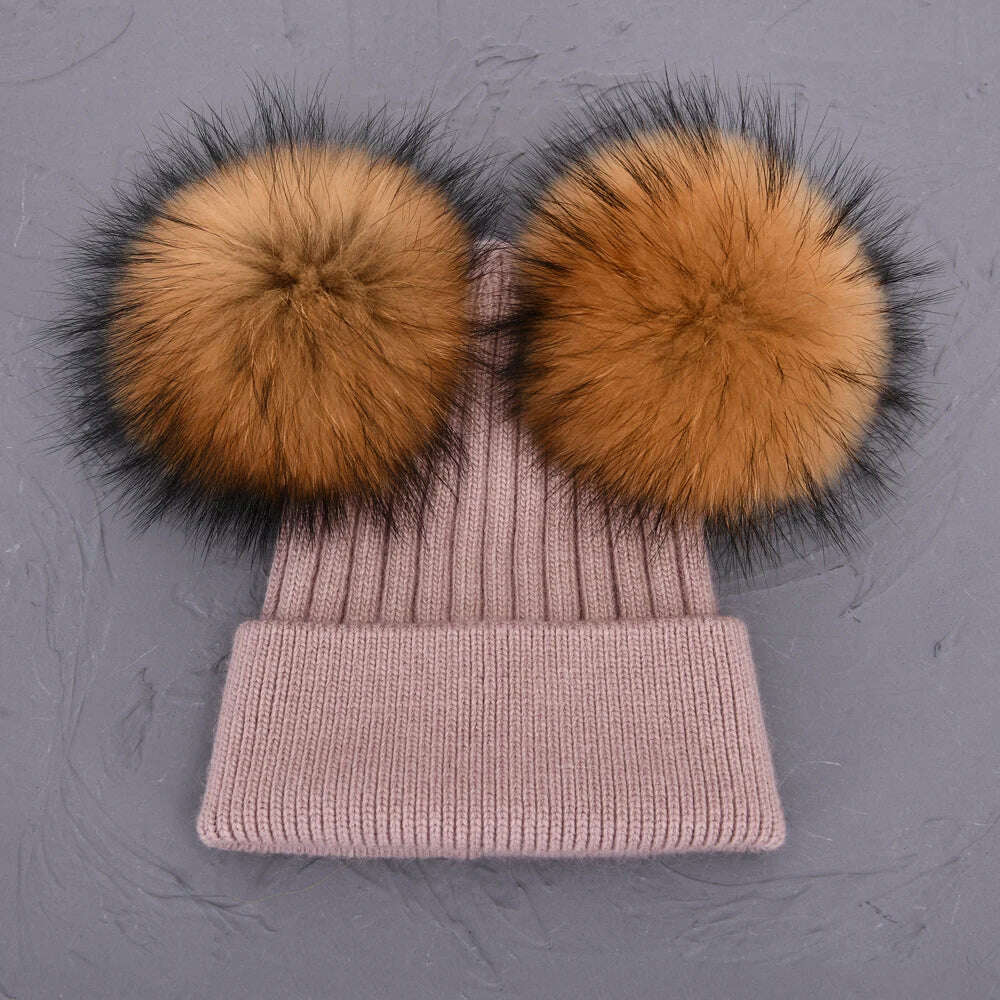 KIMLUD, Double Real Raccoon Fur Pompom Hat Women Winter Caps Knitted Wool Hats Skullies Beanies Girls Female Two Fur Pom Pom Beanie Hat, Blush natural fur, KIMLUD APPAREL - Womens Clothes