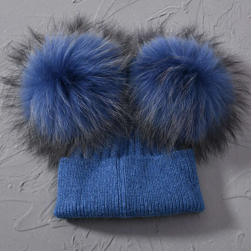 KIMLUD, Double Real Raccoon Fur Pompom Hat Women Winter Caps Knitted Wool Hats Skullies Beanies Girls Female Two Fur Pom Pom Beanie Hat, Blue match fur, KIMLUD APPAREL - Womens Clothes