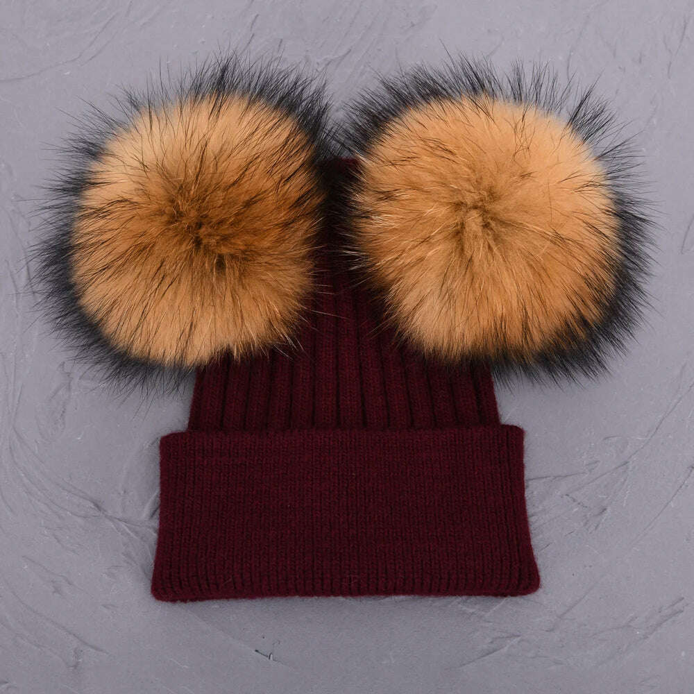 KIMLUD, Double Real Raccoon Fur Pompom Hat Women Winter Caps Knitted Wool Hats Skullies Beanies Girls Female Two Fur Pom Pom Beanie Hat, Wine natural fur, KIMLUD APPAREL - Womens Clothes