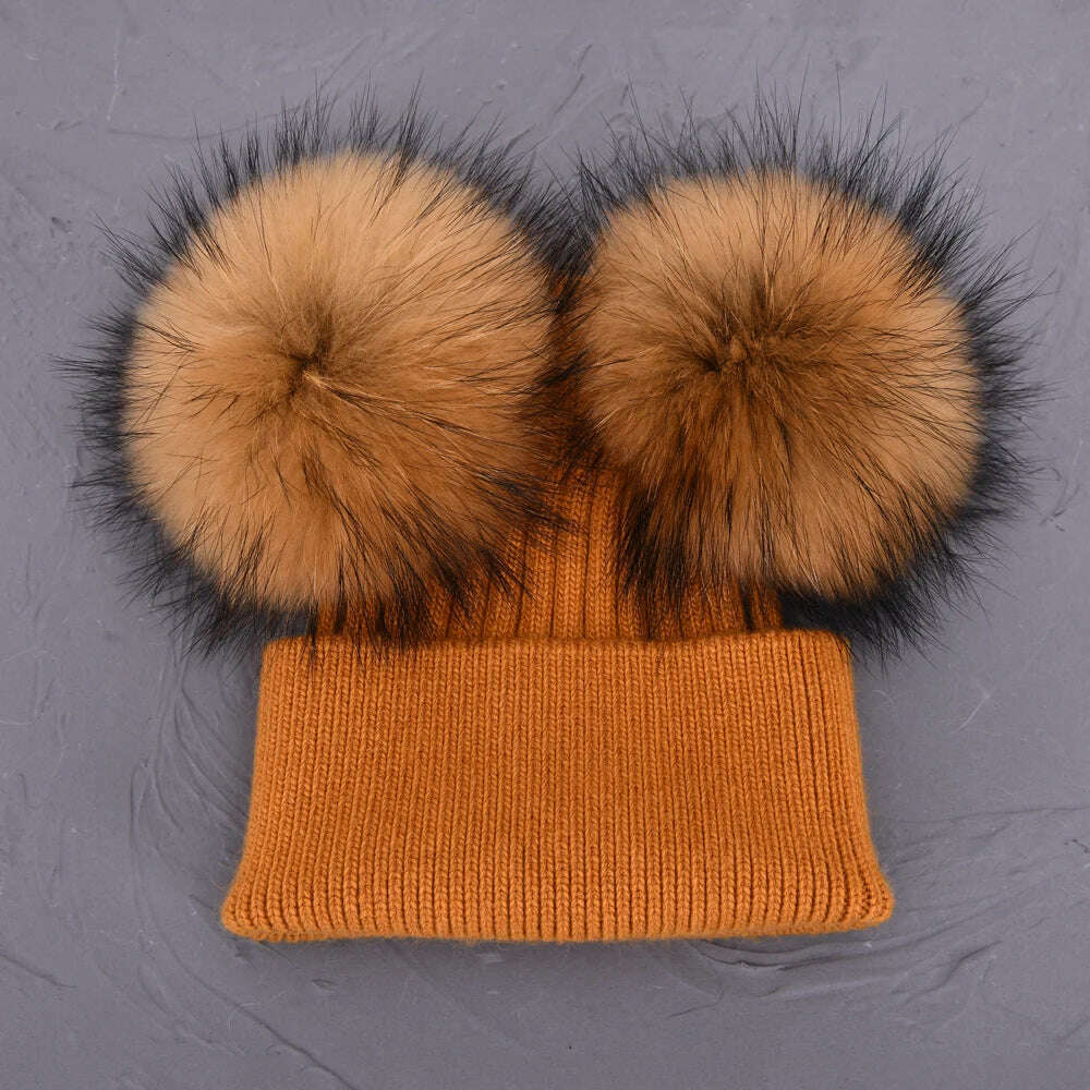 KIMLUD, Double Real Raccoon Fur Pompom Hat Women Winter Caps Knitted Wool Hats Skullies Beanies Girls Female Two Fur Pom Pom Beanie Hat, Ginger natural fur, KIMLUD APPAREL - Womens Clothes