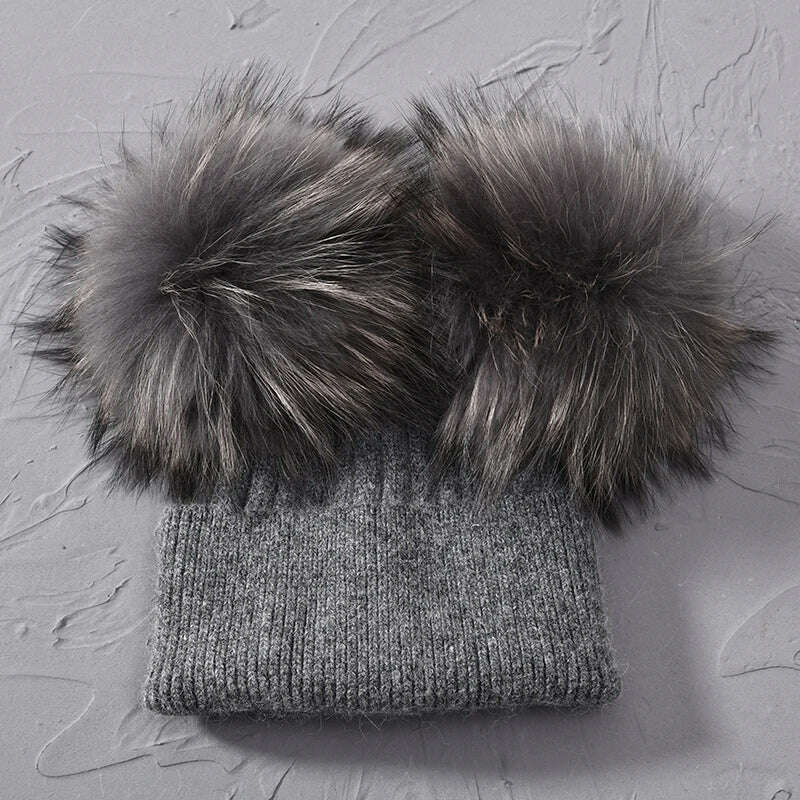 KIMLUD, Double Real Raccoon Fur Pompom Hat Women Winter Caps Knitted Wool Hats Skullies Beanies Girls Female Two Fur Pom Pom Beanie Hat, Dark grey match fur, KIMLUD APPAREL - Womens Clothes