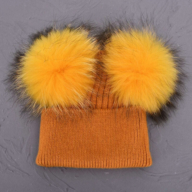 KIMLUD, Double Real Raccoon Fur Pompom Hat Women Winter Caps Knitted Wool Hats Skullies Beanies Girls Female Two Fur Pom Pom Beanie Hat, Ginger match fur, KIMLUD APPAREL - Womens Clothes