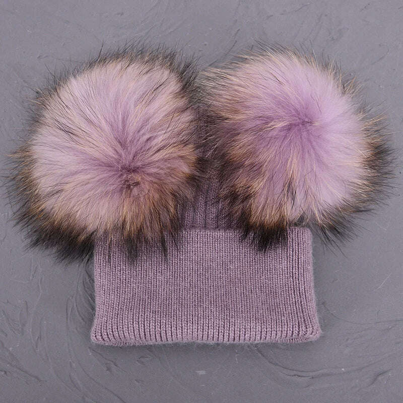 KIMLUD, Double Real Raccoon Fur Pompom Hat Women Winter Caps Knitted Wool Hats Skullies Beanies Girls Female Two Fur Pom Pom Beanie Hat, Purple match fur, KIMLUD APPAREL - Womens Clothes