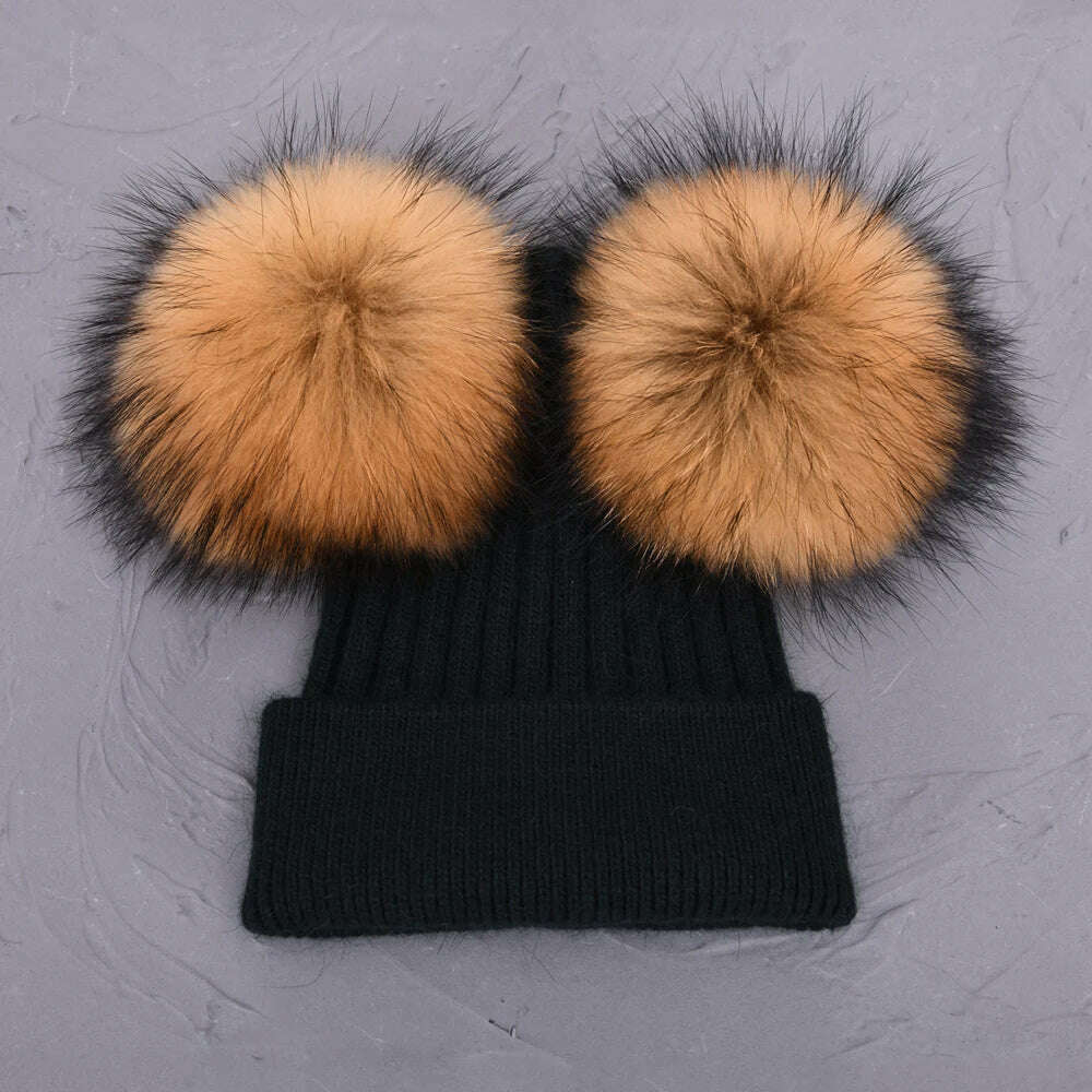 KIMLUD, Double Real Raccoon Fur Pompom Hat Women Winter Caps Knitted Wool Hats Skullies Beanies Girls Female Two Fur Pom Pom Beanie Hat, Dark green natural, KIMLUD APPAREL - Womens Clothes