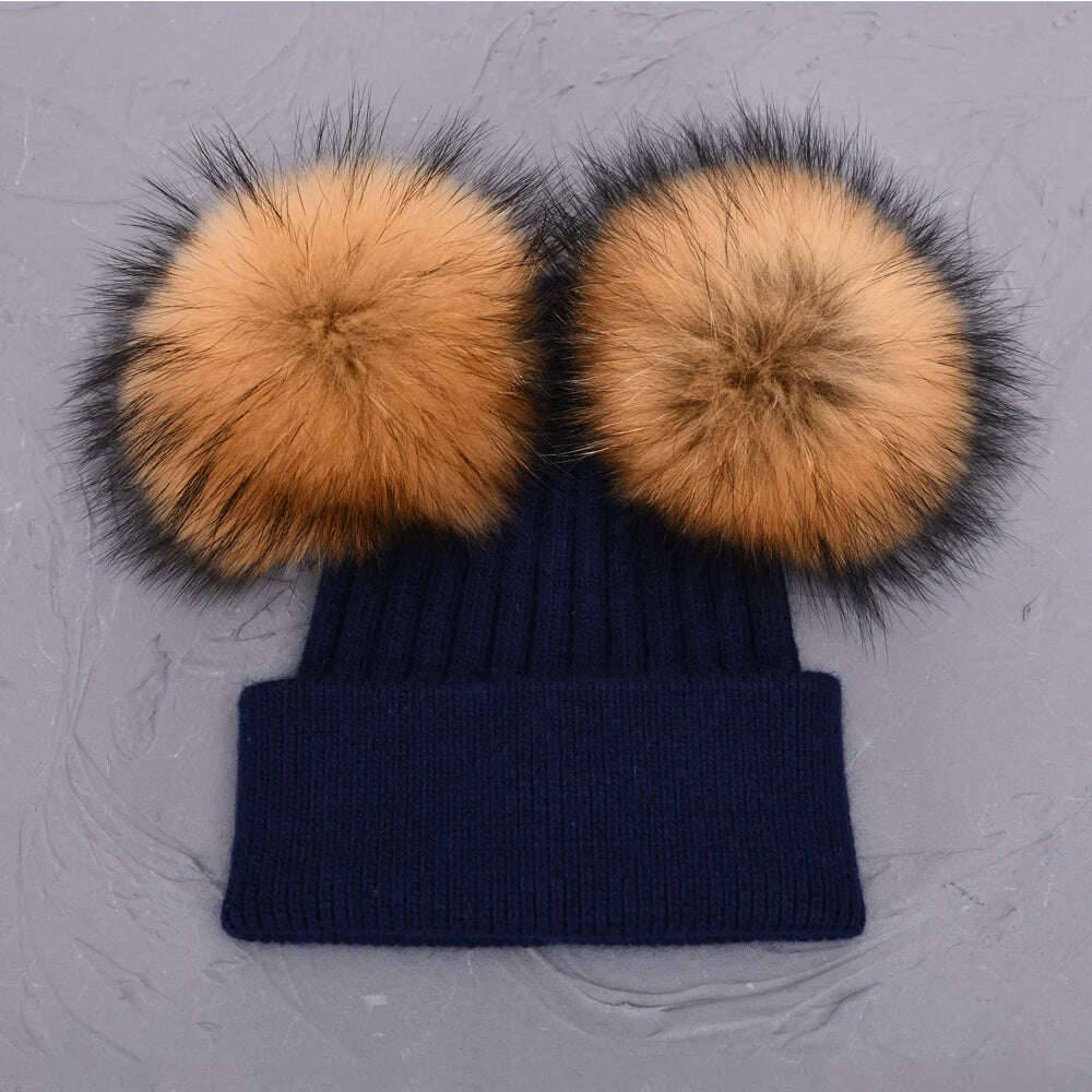 KIMLUD, Double Real Raccoon Fur Pompom Hat Women Winter Caps Knitted Wool Hats Skullies Beanies Girls Female Two Fur Pom Pom Beanie Hat, Navy natural fur, KIMLUD APPAREL - Womens Clothes