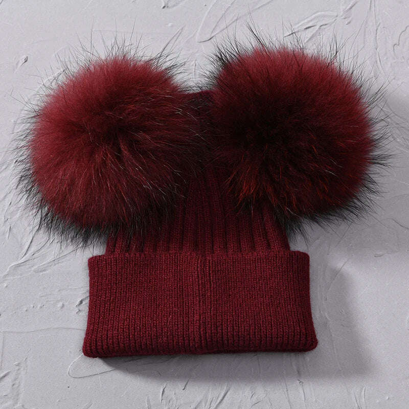 KIMLUD, Double Real Raccoon Fur Pompom Hat Women Winter Caps Knitted Wool Hats Skullies Beanies Girls Female Two Fur Pom Pom Beanie Hat, Wine red match fur, KIMLUD APPAREL - Womens Clothes