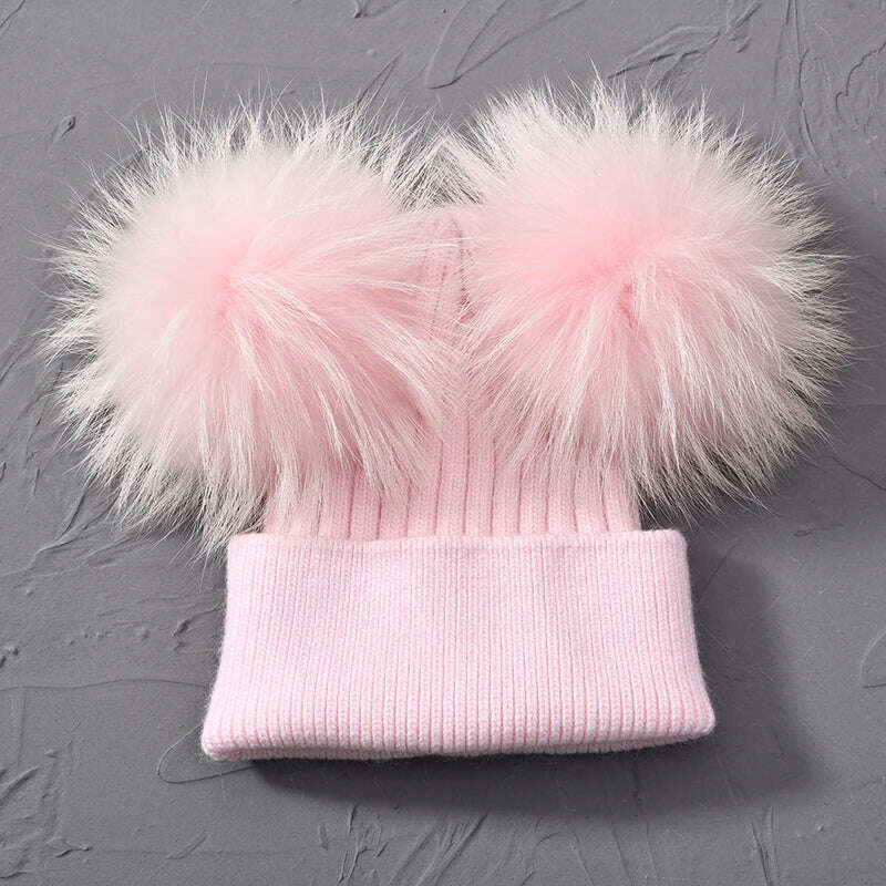 KIMLUD, Double Real Raccoon Fur Pompom Hat Women Winter Caps Knitted Wool Hats Skullies Beanies Girls Female Two Fur Pom Pom Beanie Hat, Pink match fur, KIMLUD APPAREL - Womens Clothes