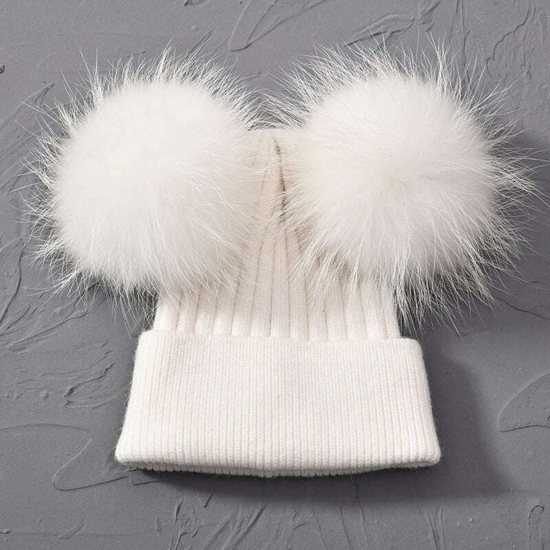 KIMLUD, Double Real Raccoon Fur Pompom Hat Women Winter Caps Knitted Wool Hats Skullies Beanies Girls Female Two Fur Pom Pom Beanie Hat, White match fur, KIMLUD APPAREL - Womens Clothes