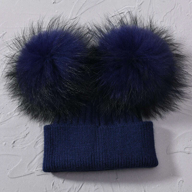 KIMLUD, Double Real Raccoon Fur Pompom Hat Women Winter Caps Knitted Wool Hats Skullies Beanies Girls Female Two Fur Pom Pom Beanie Hat, Navy match fur, KIMLUD APPAREL - Womens Clothes