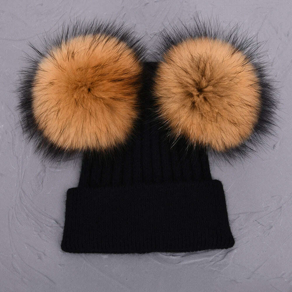 KIMLUD, Double Real Raccoon Fur Pompom Hat Women Winter Caps Knitted Wool Hats Skullies Beanies Girls Female Two Fur Pom Pom Beanie Hat, Black natural fur, KIMLUD APPAREL - Womens Clothes