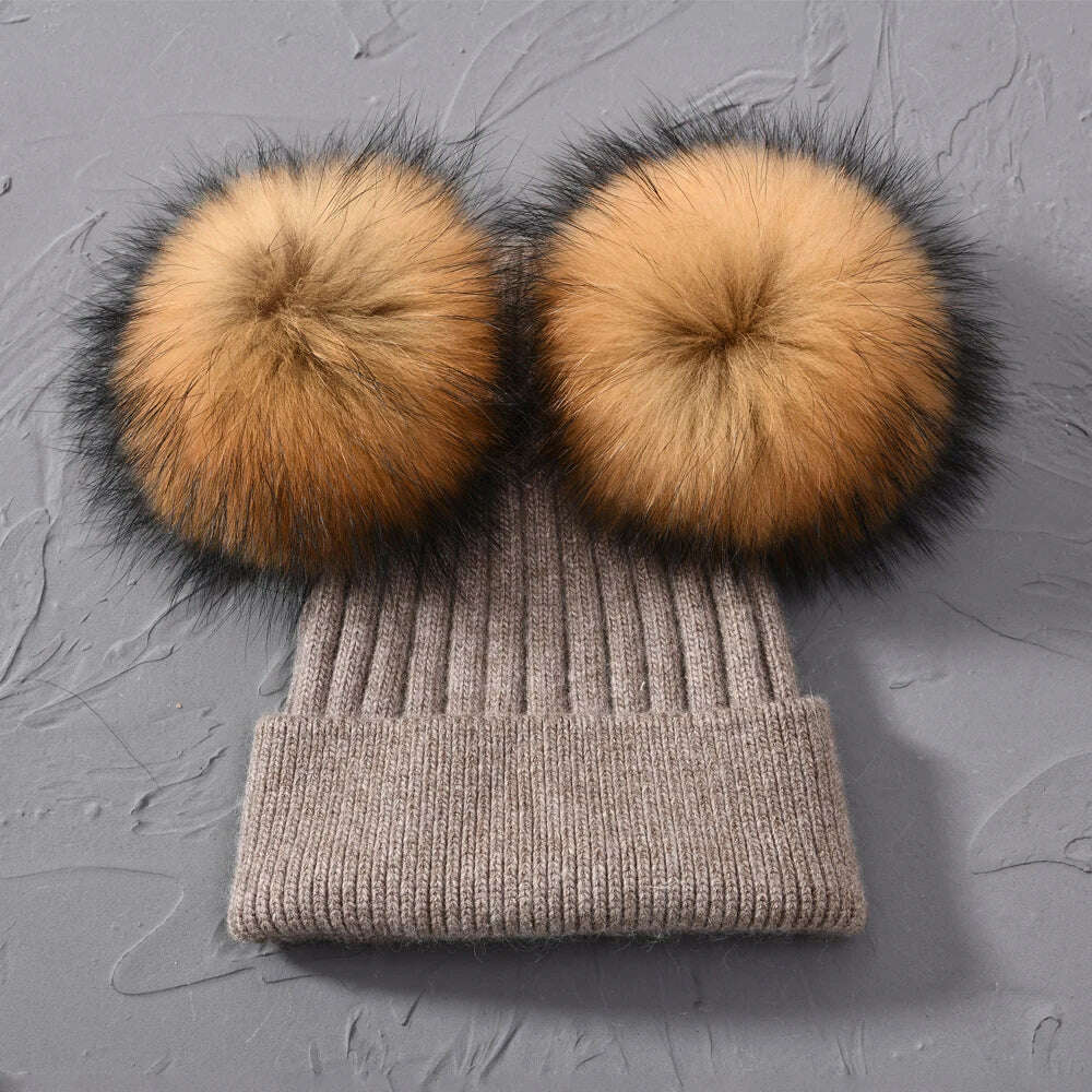 KIMLUD, Double Real Raccoon Fur Pompom Hat Women Winter Caps Knitted Wool Hats Skullies Beanies Girls Female Two Fur Pom Pom Beanie Hat, Khaki natural fur, KIMLUD APPAREL - Womens Clothes