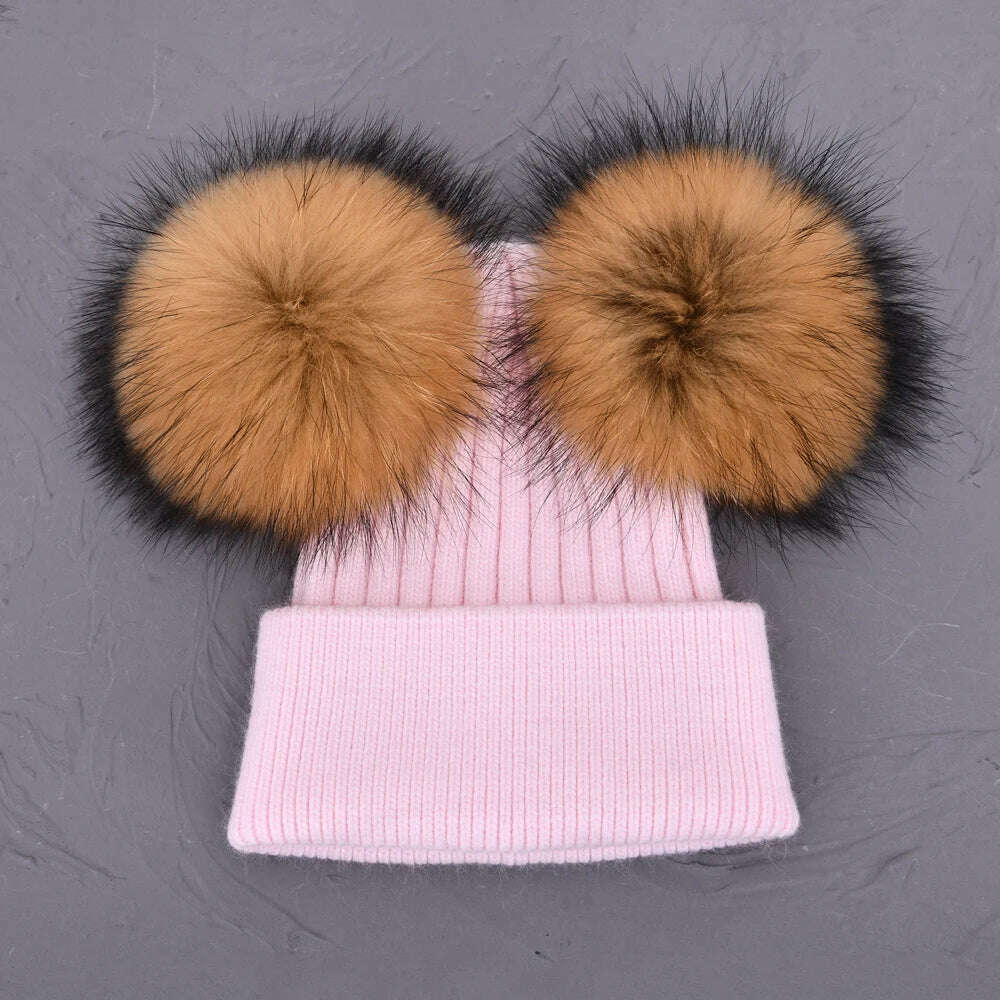 KIMLUD, Double Real Raccoon Fur Pompom Hat Women Winter Caps Knitted Wool Hats Skullies Beanies Girls Female Two Fur Pom Pom Beanie Hat, Baby pink natural, KIMLUD APPAREL - Womens Clothes