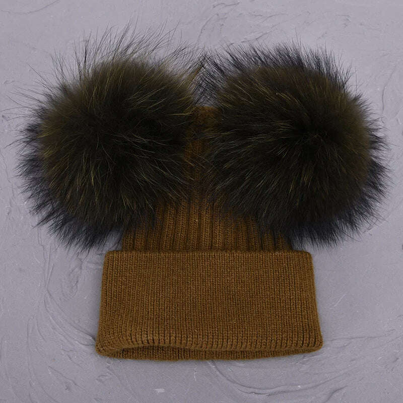 KIMLUD, Double Real Raccoon Fur Pompom Hat Women Winter Caps Knitted Wool Hats Skullies Beanies Girls Female Two Fur Pom Pom Beanie Hat, Army green match fur, KIMLUD APPAREL - Womens Clothes