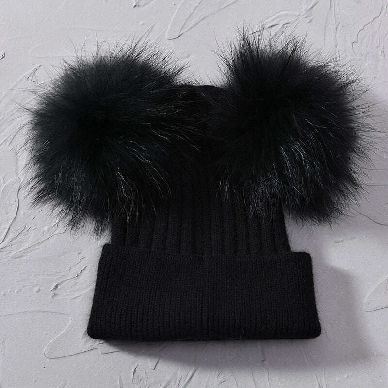 KIMLUD, Double Real Raccoon Fur Pompom Hat Women Winter Caps Knitted Wool Hats Skullies Beanies Girls Female Two Fur Pom Pom Beanie Hat, Black match fur, KIMLUD APPAREL - Womens Clothes