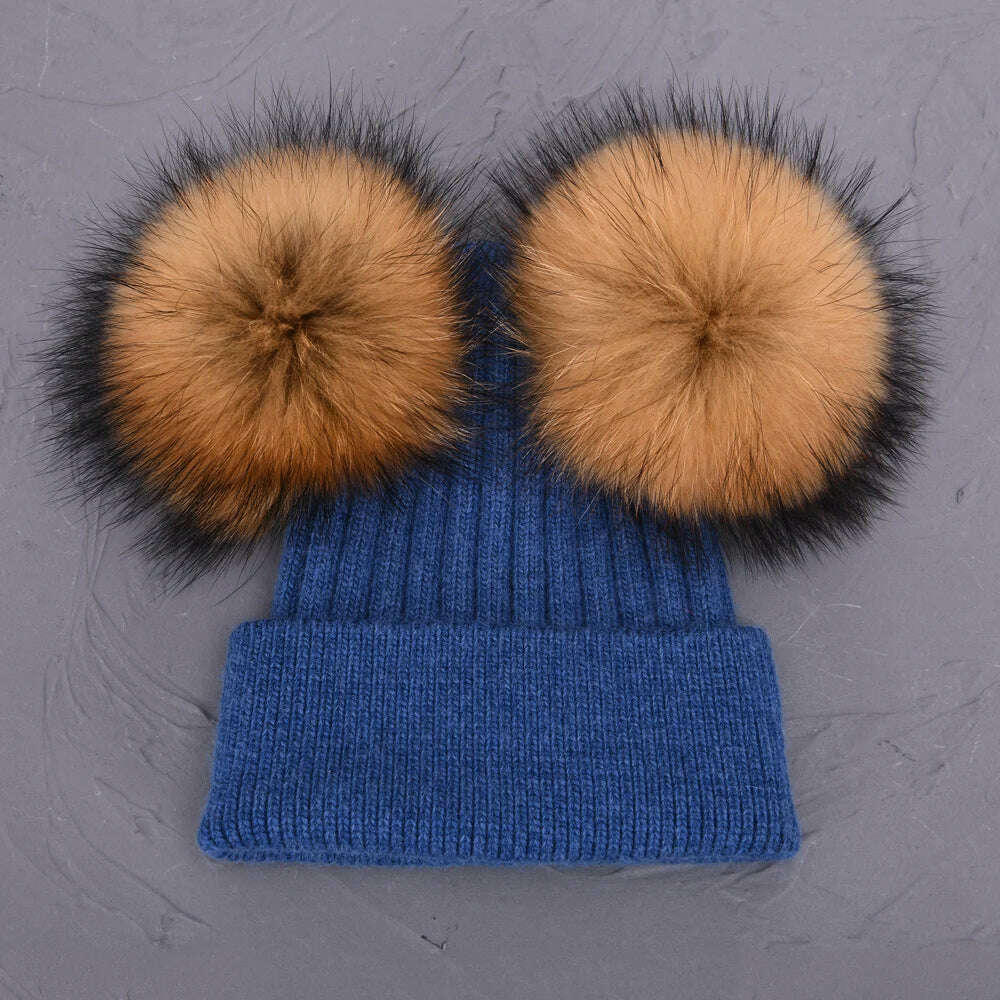 KIMLUD, Double Real Raccoon Fur Pompom Hat Women Winter Caps Knitted Wool Hats Skullies Beanies Girls Female Two Fur Pom Pom Beanie Hat, Blue natural fur, KIMLUD APPAREL - Womens Clothes