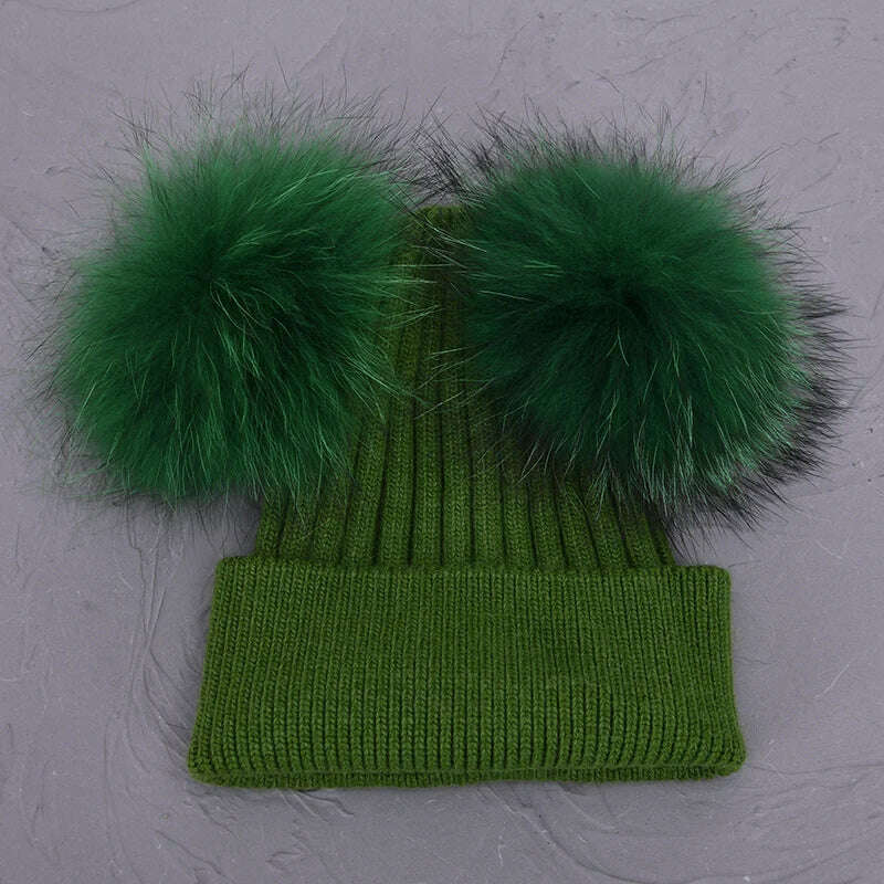 KIMLUD, Double Real Raccoon Fur Pompom Hat Women Winter Caps Knitted Wool Hats Skullies Beanies Girls Female Two Fur Pom Pom Beanie Hat, Green match fur, KIMLUD APPAREL - Womens Clothes