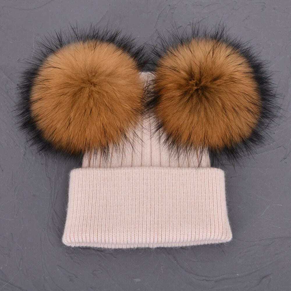 KIMLUD, Double Real Raccoon Fur Pompom Hat Women Winter Caps Knitted Wool Hats Skullies Beanies Girls Female Two Fur Pom Pom Beanie Hat, Beige natural fur, KIMLUD APPAREL - Womens Clothes