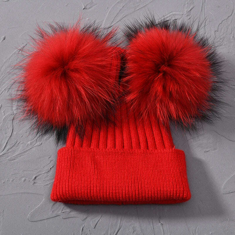 KIMLUD, Double Real Raccoon Fur Pompom Hat Women Winter Caps Knitted Wool Hats Skullies Beanies Girls Female Two Fur Pom Pom Beanie Hat, Red match fur, KIMLUD APPAREL - Womens Clothes