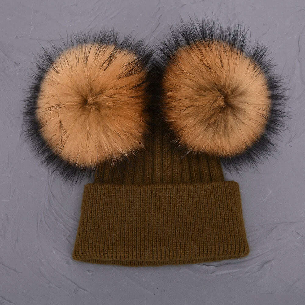 KIMLUD, Double Real Raccoon Fur Pompom Hat Women Winter Caps Knitted Wool Hats Skullies Beanies Girls Female Two Fur Pom Pom Beanie Hat, Army green natural, KIMLUD APPAREL - Womens Clothes