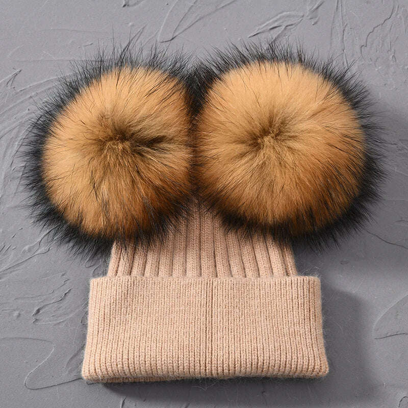 KIMLUD, Double Real Raccoon Fur Pompom Hat Women Winter Caps Knitted Wool Hats Skullies Beanies Girls Female Two Fur Pom Pom Beanie Hat, Khaki match fur, KIMLUD APPAREL - Womens Clothes