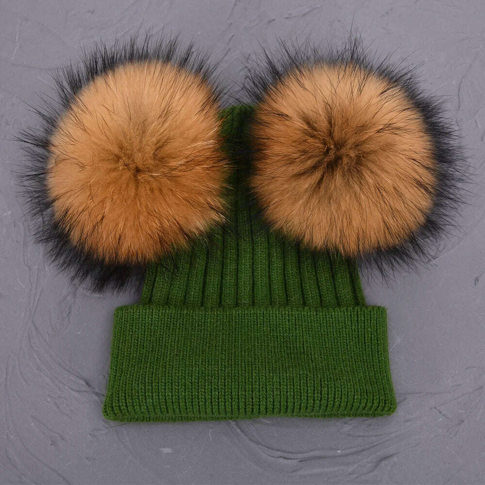 KIMLUD, Double Real Raccoon Fur Pompom Hat Women Winter Caps Knitted Wool Hats Skullies Beanies Girls Female Two Fur Pom Pom Beanie Hat, Green natural fur, KIMLUD APPAREL - Womens Clothes