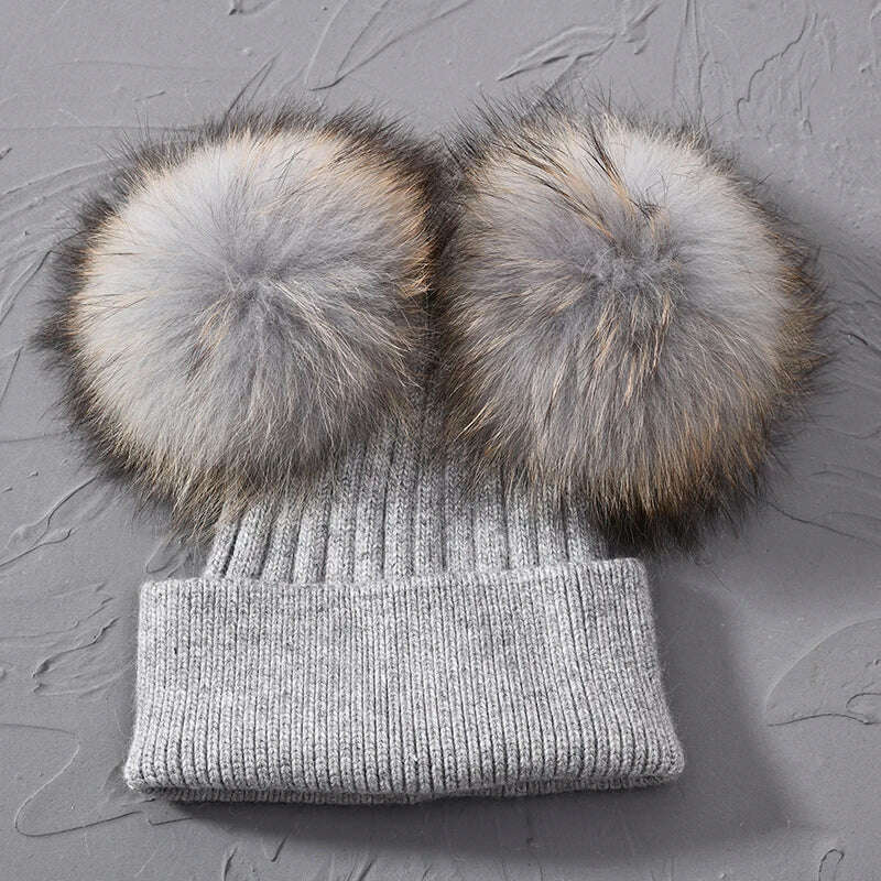 KIMLUD, Double Real Raccoon Fur Pompom Hat Women Winter Caps Knitted Wool Hats Skullies Beanies Girls Female Two Fur Pom Pom Beanie Hat, Light grey match fur, KIMLUD APPAREL - Womens Clothes