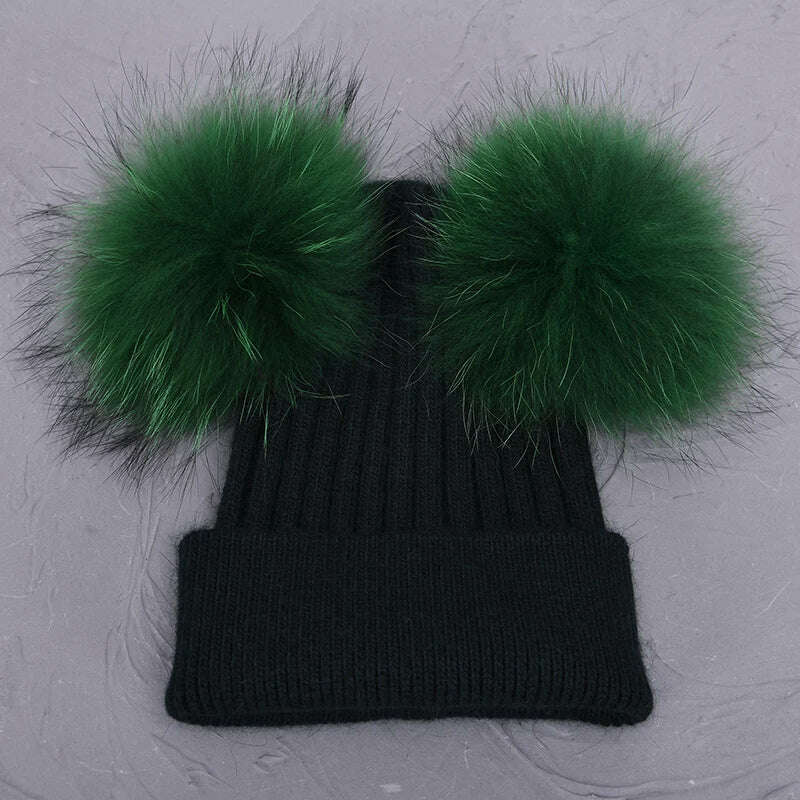 KIMLUD, Double Real Raccoon Fur Pompom Hat Women Winter Caps Knitted Wool Hats Skullies Beanies Girls Female Two Fur Pom Pom Beanie Hat, Dark green match fur, KIMLUD APPAREL - Womens Clothes