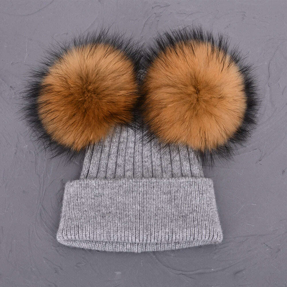 KIMLUD, Double Real Raccoon Fur Pompom Hat Women Winter Caps Knitted Wool Hats Skullies Beanies Girls Female Two Fur Pom Pom Beanie Hat, Light grey natural, KIMLUD APPAREL - Womens Clothes