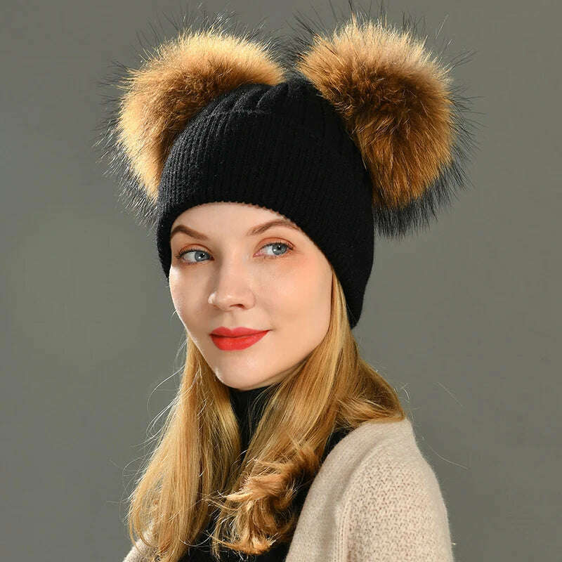 KIMLUD, Double Real Raccoon Fur Pompom Hat Women Winter Caps Knitted Wool Hats Skullies Beanies Girls Female Two Fur Pom Pom Beanie Hat, KIMLUD Womens Clothes