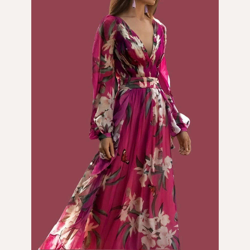 KIMLUD, Drauuing Flower Print Maxi Dresses Women Party Dress Elegant Lantern Sleeve Long Dress Female Autumn New, KIMLUD Womens Clothes