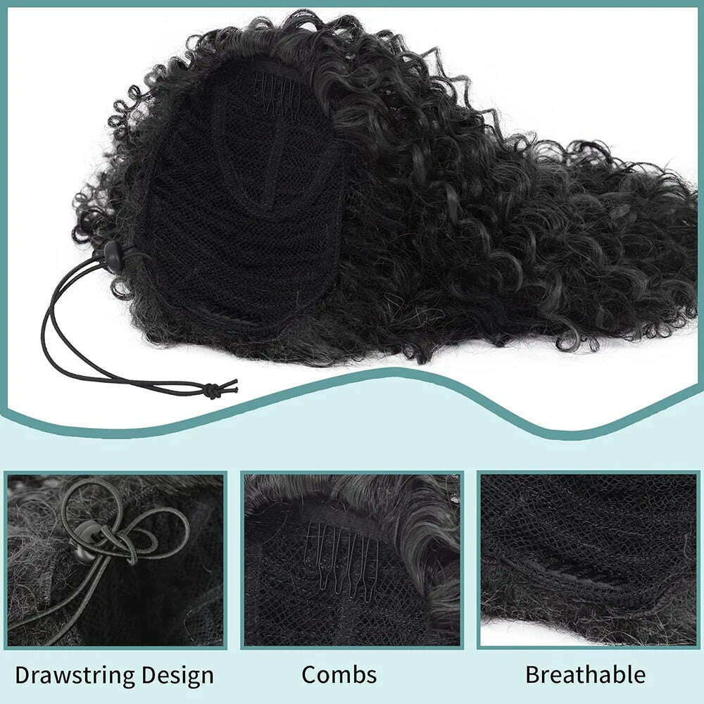 KIMLUD, Drawstring Curly Ponytail Extension for African Women Afro Kinky Curly Hair Pieces Synthetic Heat Resistant, KIMLUD Womens Clothes