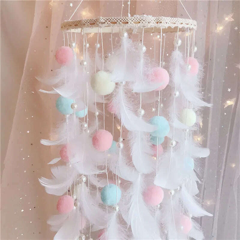 KIMLUD, Dream Catcher Wind Chimes Art Chimes Girls Room Decorations Bedroom Pendant Accessories Bedroom Decoration Gift Handmade Feather, A-white / No light, KIMLUD APPAREL - Womens Clothes