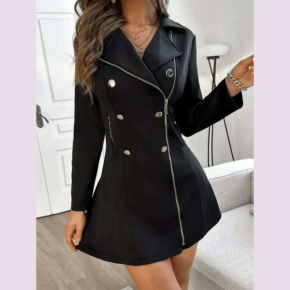 KIMLUD, Dresses For Women Buttoned Zipper Pocket Design Notched Collar Blazer Dress Vestidos De Mujer Casual Elegant Mini Robe Female, KIMLUD Womens Clothes