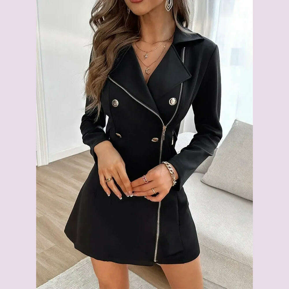 KIMLUD, Dresses For Women Buttoned Zipper Pocket Design Notched Collar Blazer Dress Vestidos De Mujer Casual Elegant Mini Robe Female, KIMLUD Womens Clothes