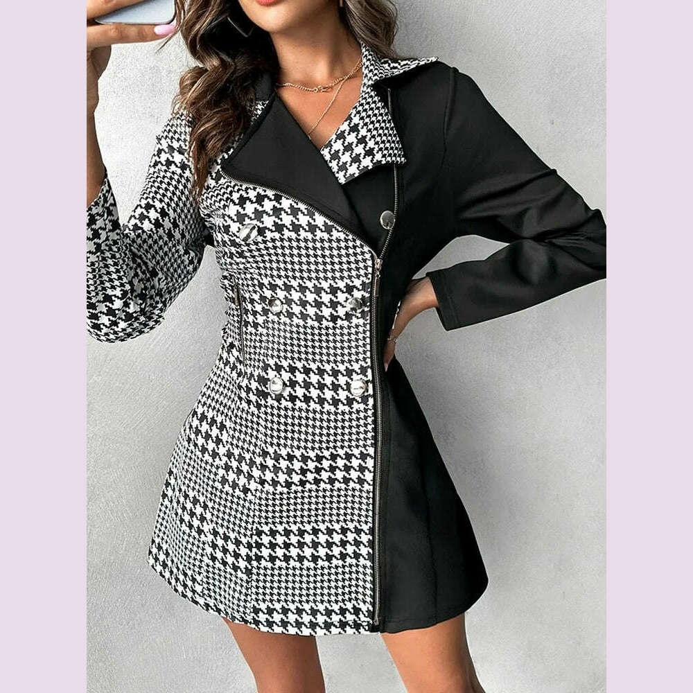 Dresses For Women Buttoned Zipper Pocket Design Notched Collar Blazer Dress Vestidos De Mujer Casual Elegant Mini Robe Female - KIMLUD