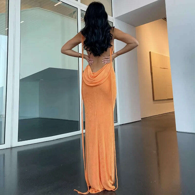 KIMLUD, Dulzura Lace Up Backless Maxi Dress For Women Sexy Solid Long Dress 2023 Summer Party Club Evening Outfits Wholesale Items, Orange / M, KIMLUD APPAREL - Womens Clothes