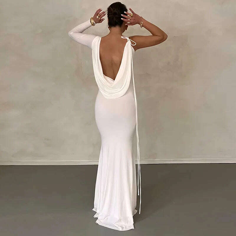 KIMLUD, Dulzura Lace Up Long Sleeve One Shoulder Maxi Dress For Women Bodycon Party Elegant Outfits Birthday Evening 2023 Summer, WHITE / 10, KIMLUD APPAREL - Womens Clothes