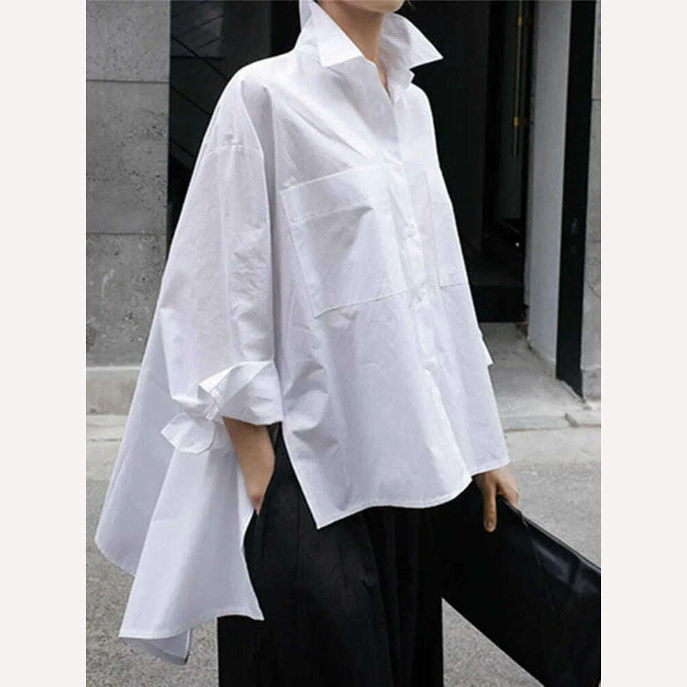 KIMLUD, EAM 2024 New Spring Autumn Lapel Long Sleeve White Back Long Loose Big Size Irregular Shirt Women Blouse Fashion Tide JU847, KIMLUD Womens Clothes