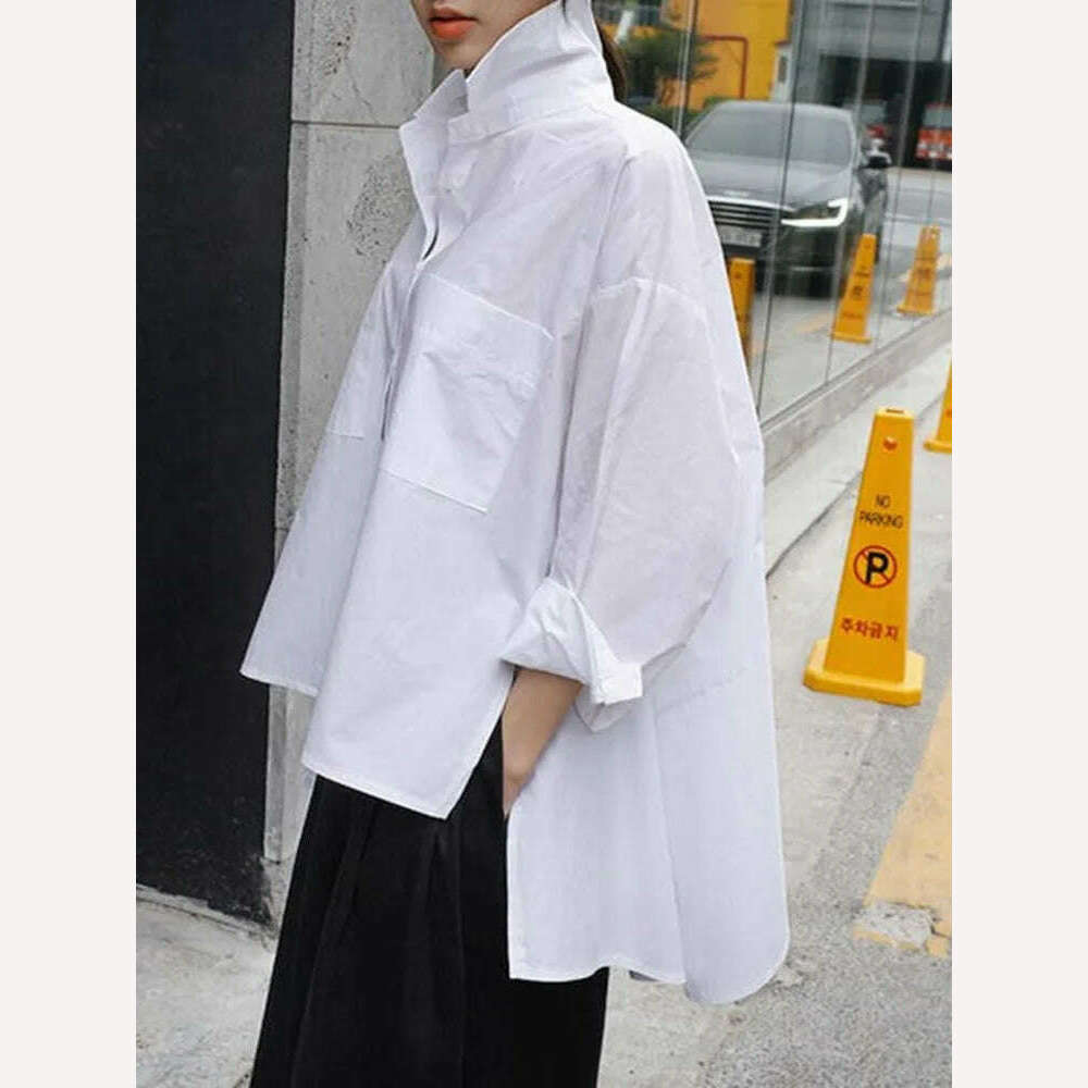 KIMLUD, EAM 2024 New Spring Autumn Lapel Long Sleeve White Back Long Loose Big Size Irregular Shirt Women Blouse Fashion Tide JU847, KIMLUD Womens Clothes