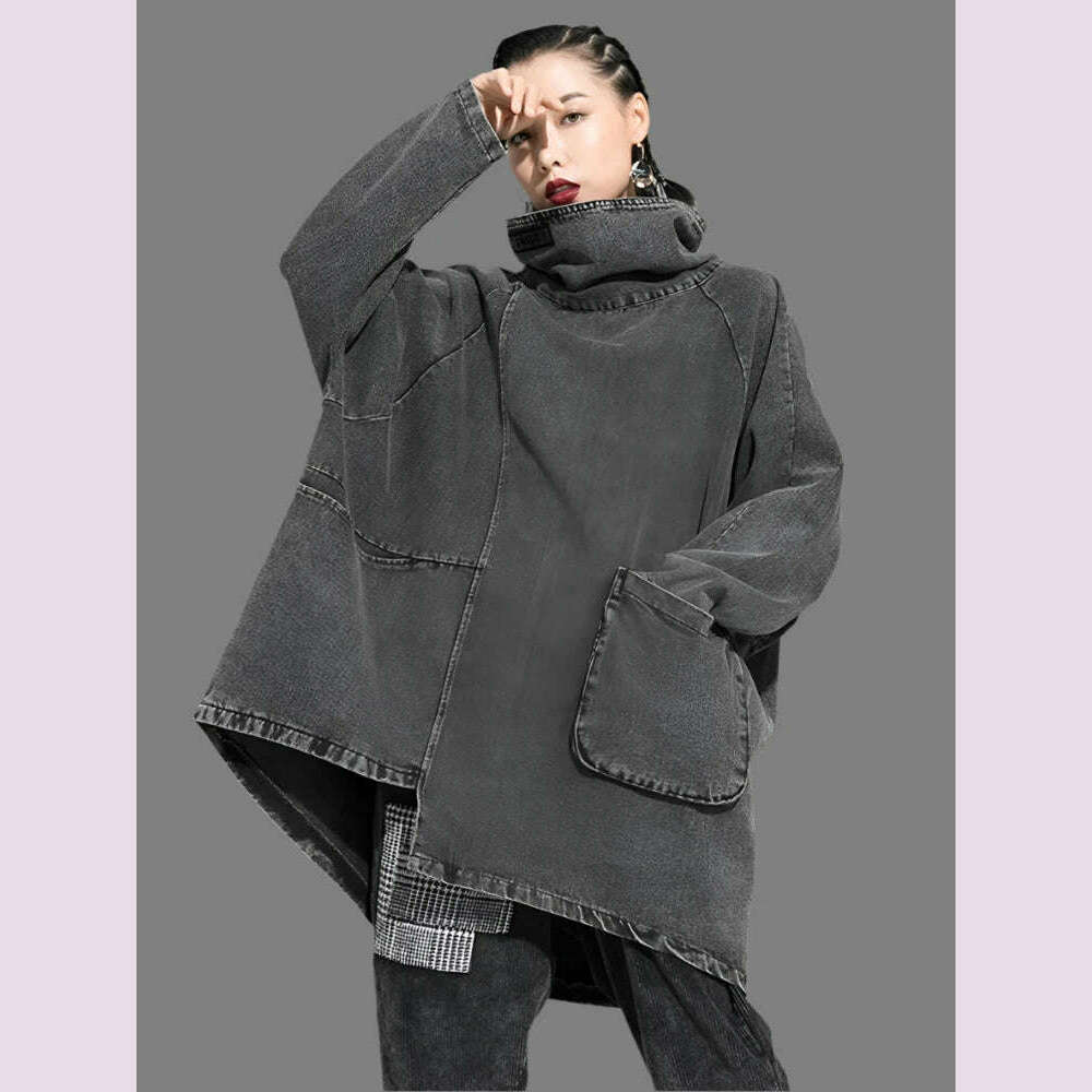 [EAM] Loose Fit Black Denim Big Size Sweatshirt New High Collar Long Sleeve Women Big Size Fashion Spring Autumn 2024 1K166 - KIMLUD