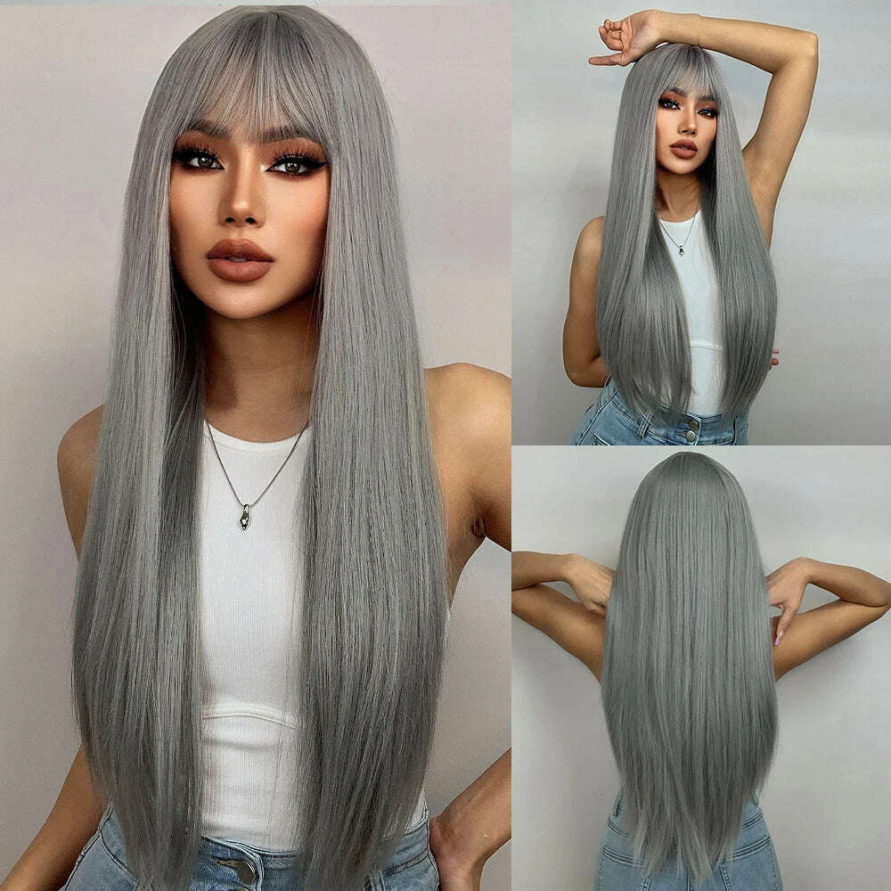 KIMLUD, EASIHAIR Long Silver with Blonde Highlight Synthetic Wigs for Women Straight with Bangs Natural Wigs Cosplay Hair Heat Resistant, LC361-1 / CN, KIMLUD APPAREL - Womens Clothes