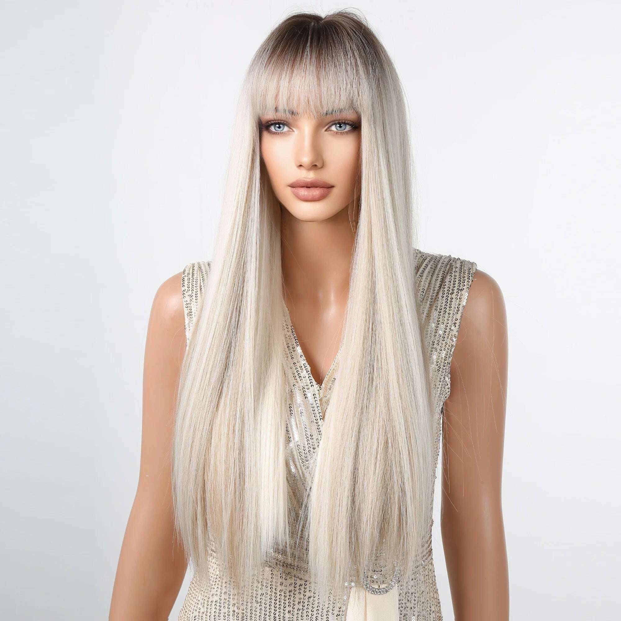 KIMLUD, EASIHAIR Long Silver with Blonde Highlight Synthetic Wigs for Women Straight with Bangs Natural Wigs Cosplay Hair Heat Resistant, KIMLUD Womens Clothes