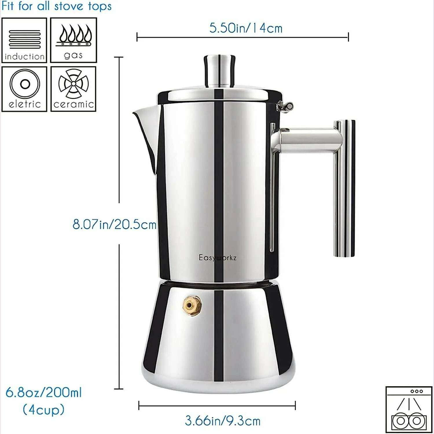 KIMLUD, Easyworkz Diego Stovetop Espresso Maker Stainless Steel Italian Coffee Machine Maker 4Cup 6.8 oz Induction Moka Pot, KIMLUD Womens Clothes