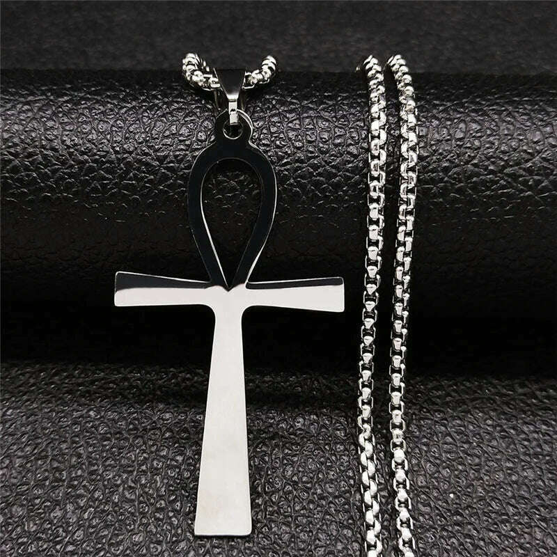 KIMLUD, Egyptian Ankh Cross Key Of Life Necklaces for Women/Men Stainless Steel Mythology Chain Necklace Jewelry bijoux homme N3456S02, D 50cm Box SR, KIMLUD APPAREL - Womens Clothes