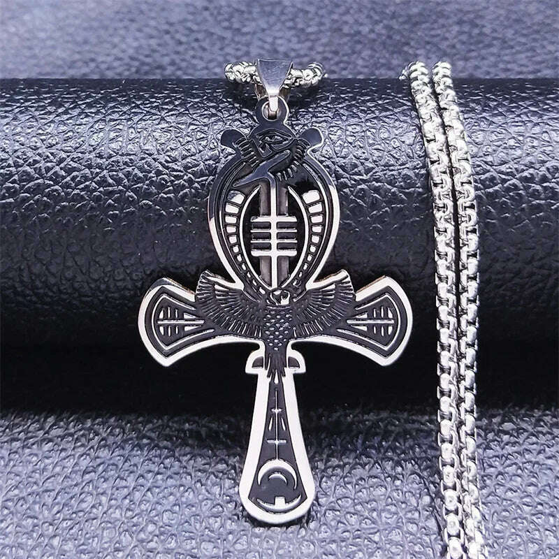 KIMLUD, Egyptian Ankh Cross Key Of Life Necklaces for Women/Men Stainless Steel Mythology Chain Necklace Jewelry bijoux homme N3456S02, E 50cm Box SR, KIMLUD APPAREL - Womens Clothes