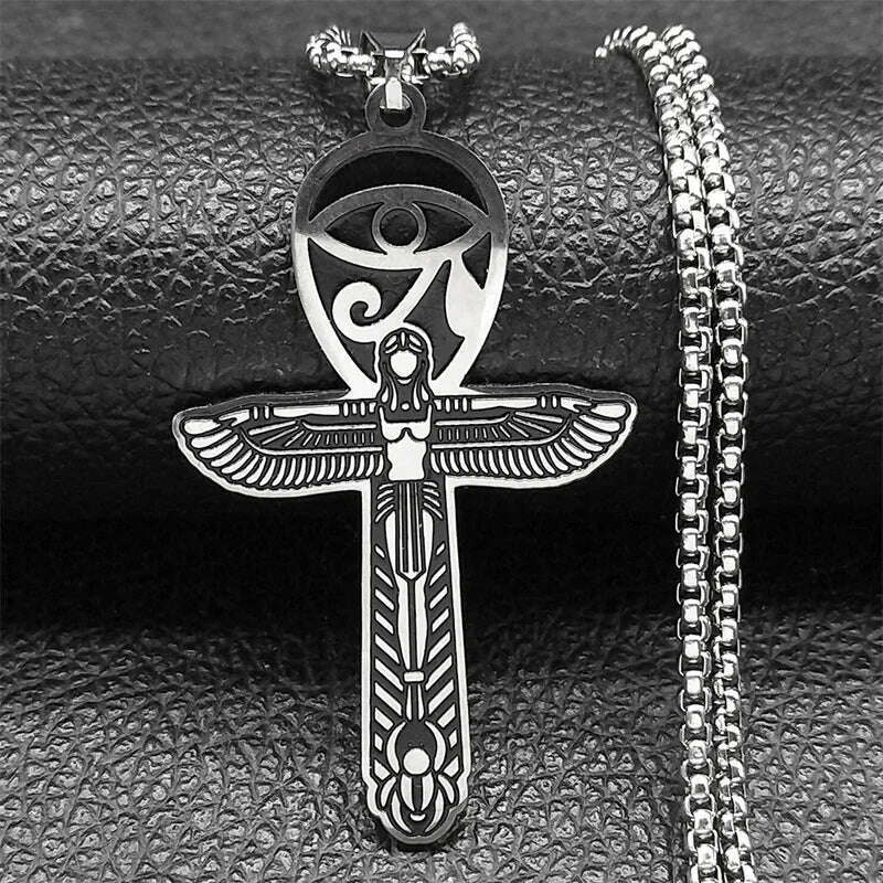 KIMLUD, Egyptian Ankh Cross Key Of Life Necklaces for Women/Men Stainless Steel Mythology Chain Necklace Jewelry bijoux homme N3456S02, E 50cm Box SR 1, KIMLUD APPAREL - Womens Clothes